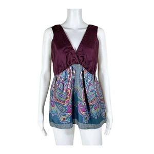 JOHNNY WAS 100% Silk V Neck Tank Top Blouse Paisley Print Ruched Detail Small